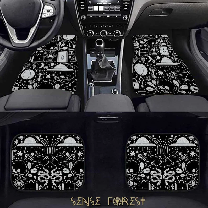 

Черно-белые Симпатичные готические мистические напольные коврики для автомобиля, милые пугающие украшения интерьера автомобиля, автомоби...