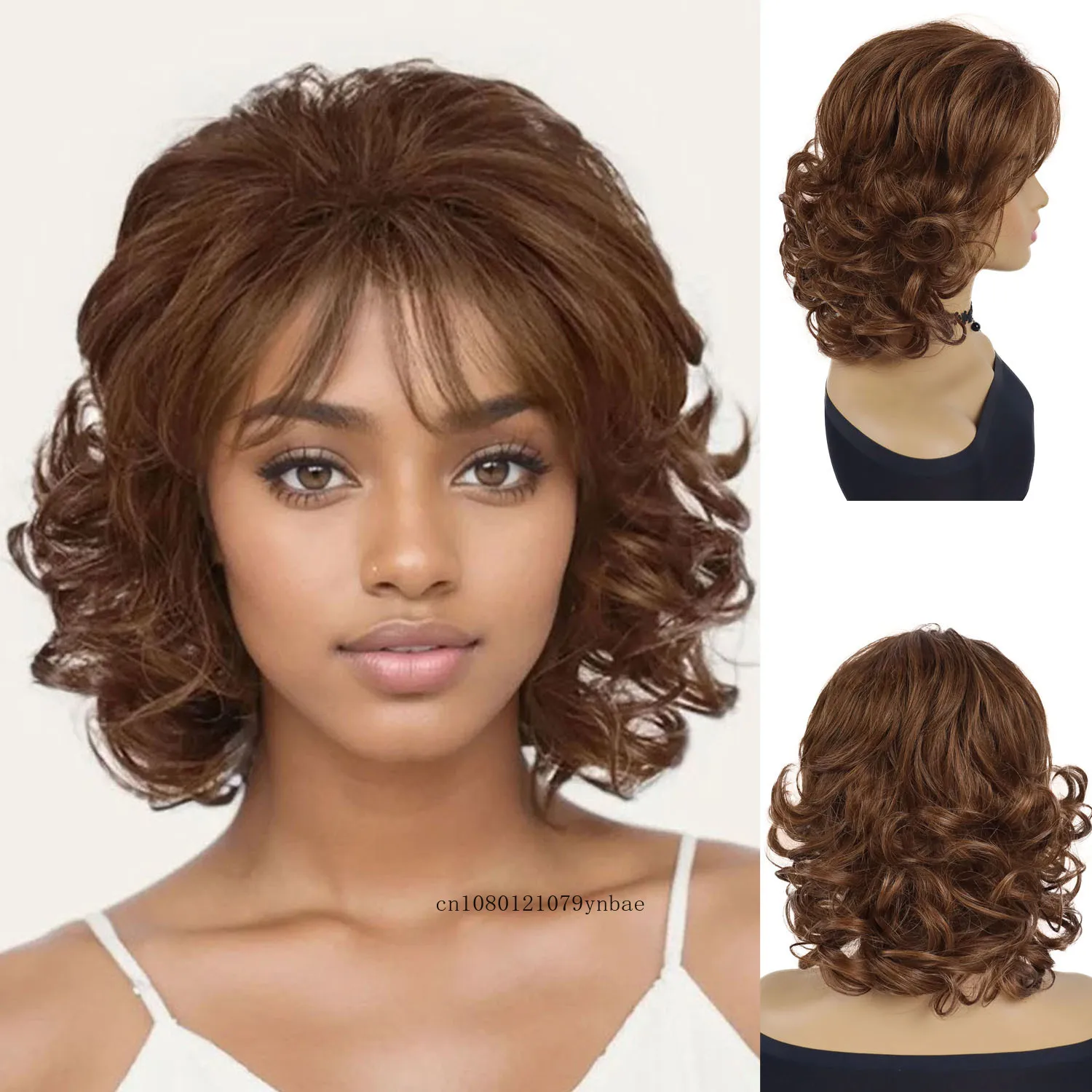 Синтетические парики 14-дюймовый короткий большой вьющийся парик с челкой