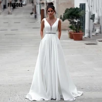 fivsole satin beach wedding dress with beaded sash 2022 a line long beach brides wedding gowns fashion open back robe de mari%c3%a9e