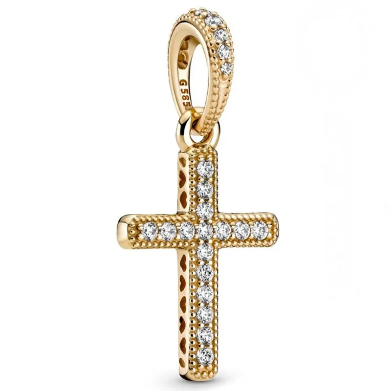 

Original Gold Sparkling Cross Pendant Beads Charm Fit Pan Women 925 Sterling Silver Europe Bracelet Bangle Diy Jewelry