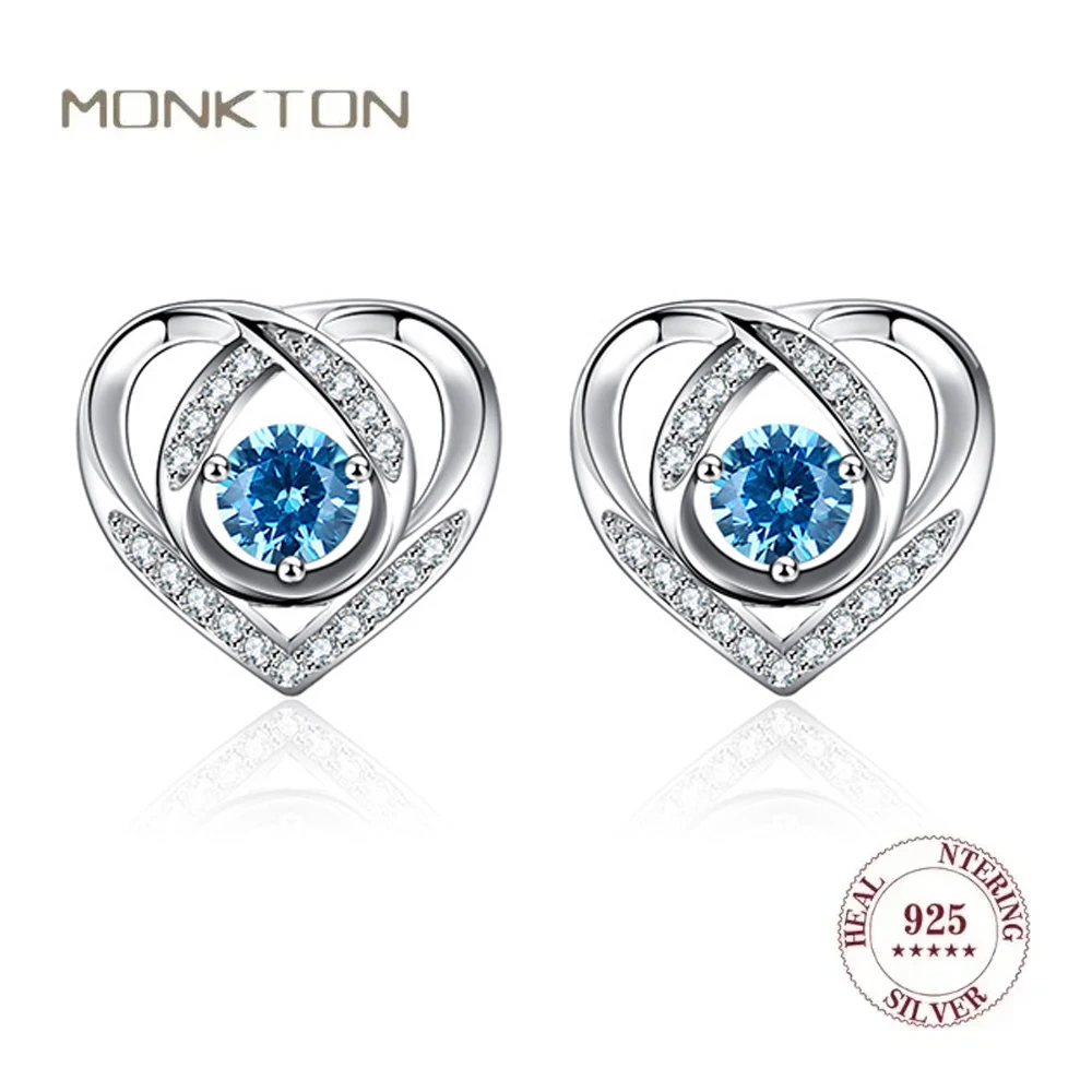 

Monkton Original 925 Silver Witch Knot Earrings for Women Fashion Heart Shaped Stud Earrings Blue Zirconia Engagement Jewelry