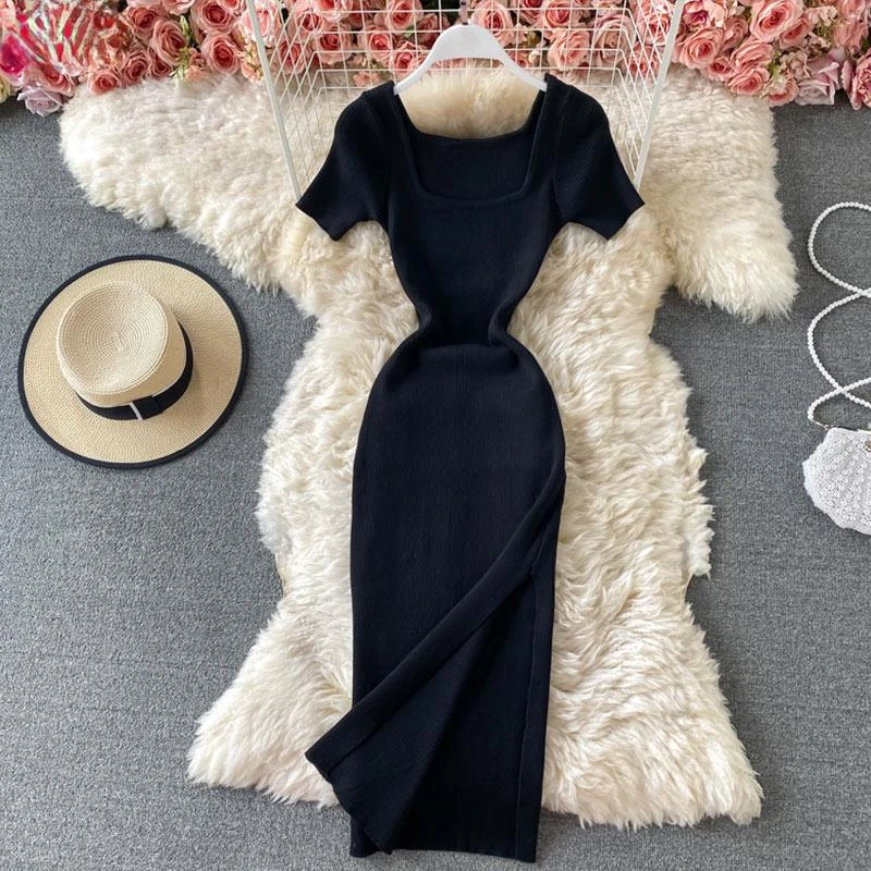 

Women Elegant Ribbed Solid Short Sleeve Square Neck Midi Dress Female Early Spring Retro Slim Sexy High Side Split Casual Dress