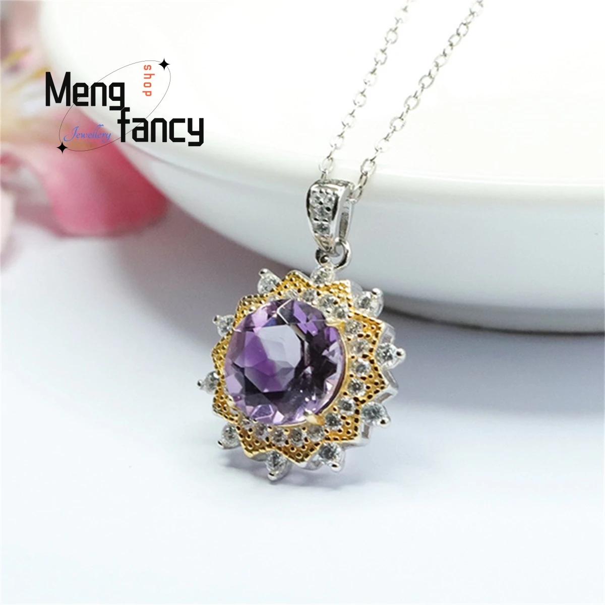 Ожерелье из натурального серебра S925 пробы с инкрустированным аметистом ожерелье