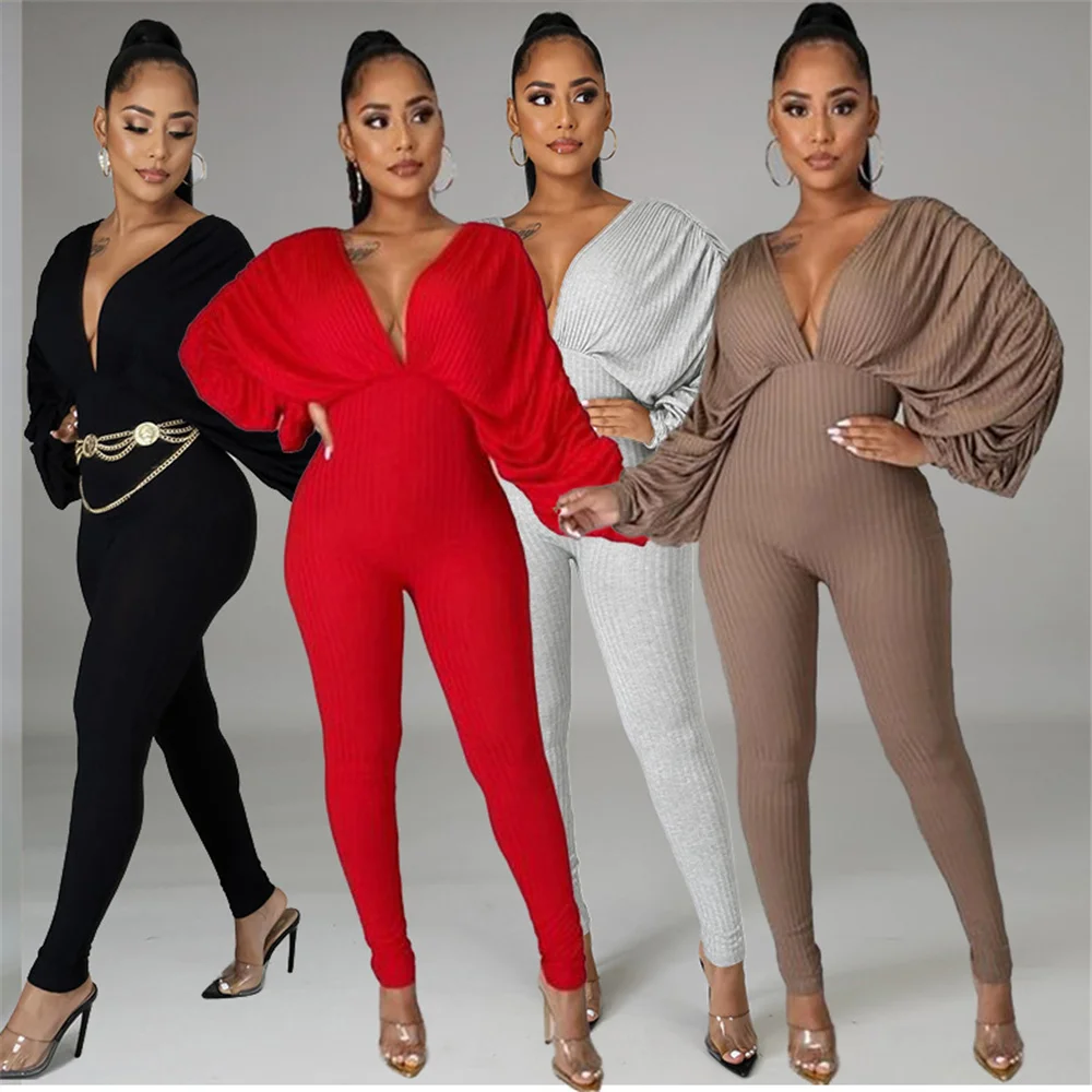 

Temperament Spring 2021 European And American Women's Clothing Hot Selling New High Elastic Solid Bat Sleeve Jumpsuit P8545