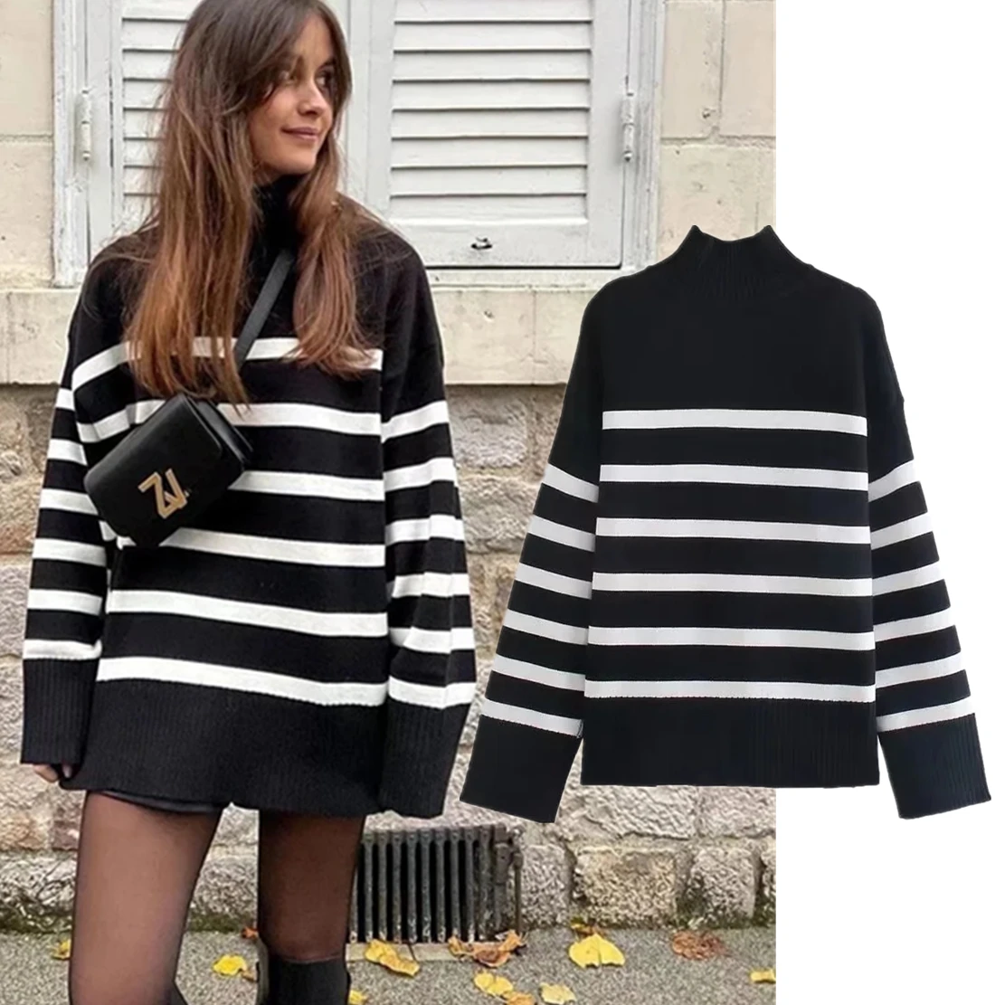 

Jenny&Dave Ins Fashion Blogger Black Striped Round Collar Pullovers Loose Knitwear Casual Sweaters Women