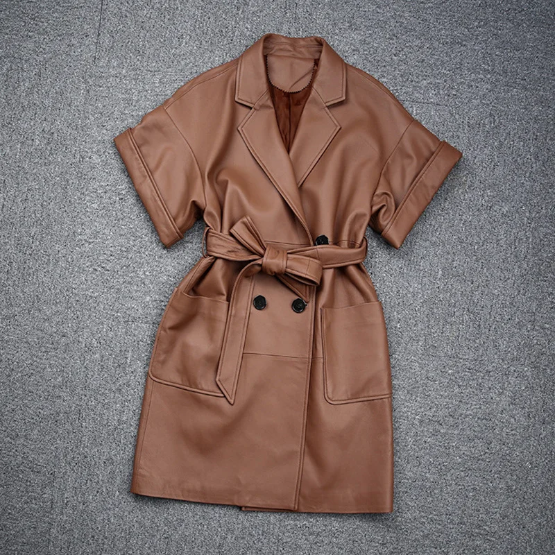 2023 New Coming Leather Jackets Lady Fashion Sheepskin Trench Coat With Belt Short Style Streetwear TF3937
