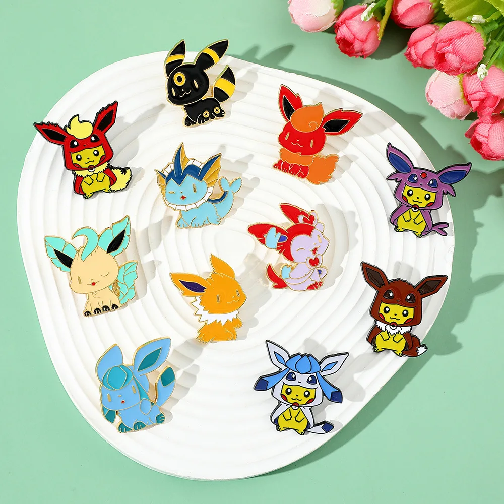 

Pokemon Cartoon Enamel Brooches Anime Figures Pikachu Eeveelution Lapel Pins Cute Badge Backpack Decoration Jewelry Kids Gifts