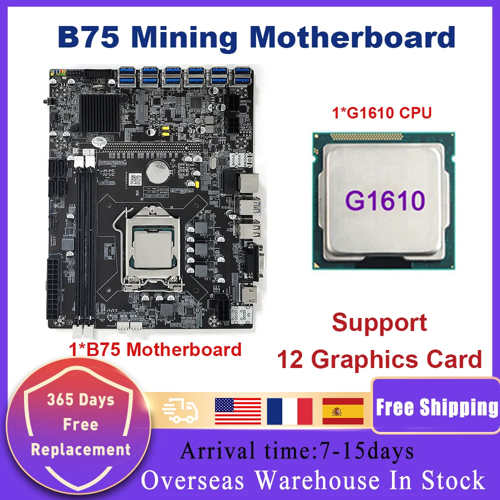 

BTC B75 Mining Motherboard LGA 1155 SATA3.0 12*PCIE To USB3.0 Supports 12 GPU Graphics Card DDR3 HD VGA ETH Bitcoin Miner Rig