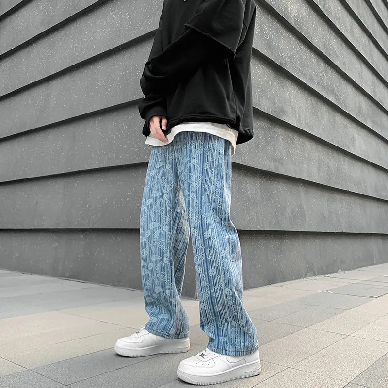 

American Retro Jacquard Jeans spring Men Street Ruffian Handsome Loose Pants Straight Drop Vintage Denim Distressed