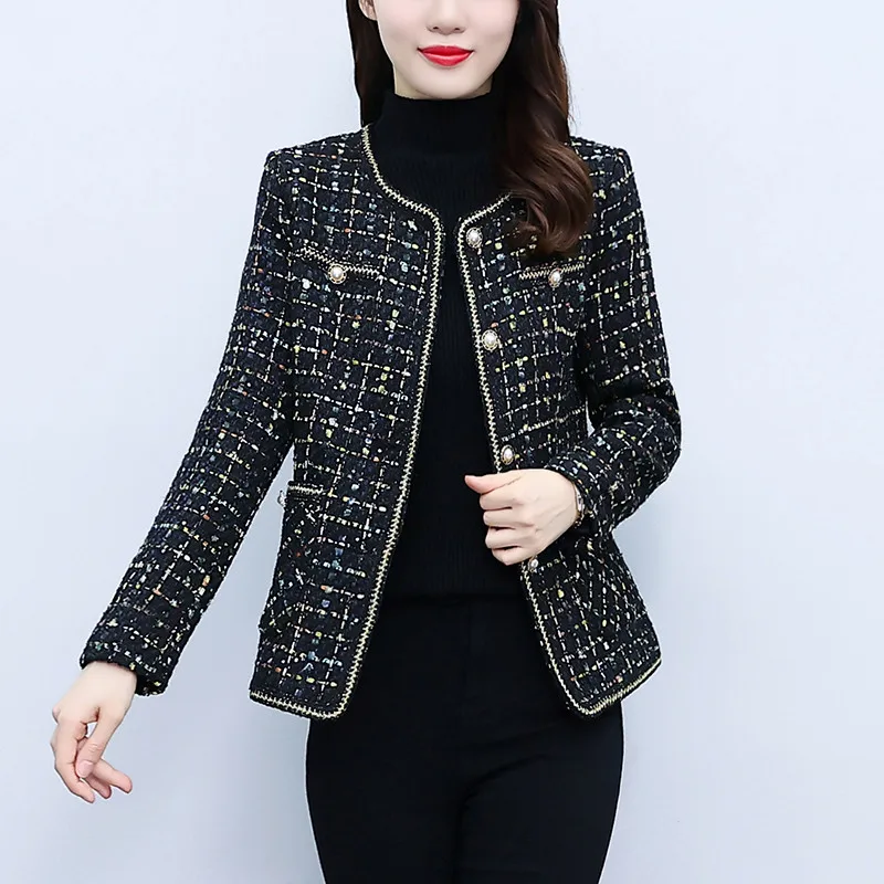 

2023 Fashion Elegant Plaid Tweed Jacket Women Autumn Winter Causal Office Ladies Female Single-Breasted Woolen Coat Femal G2412
