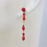 zfsilver nature red sea bamboo coral stud earring 925 sterling silver tassel ball for women charm waterdrop dangle jewelry party