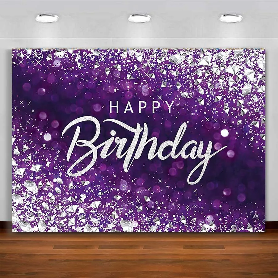 

Vinyl Purple Happy Birthday Backdrop Silver Diamond Women Girls Crystal Shinning Sweet Princess Photography Background Banner