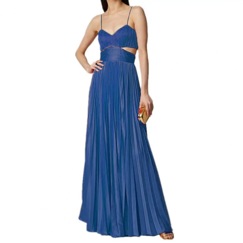 

Bandeau Sleeveless Backless High-Waist A-Line Sling Dress Waist Hollow Stitching Pleated Large Hem Maxi Dress Female Clothing