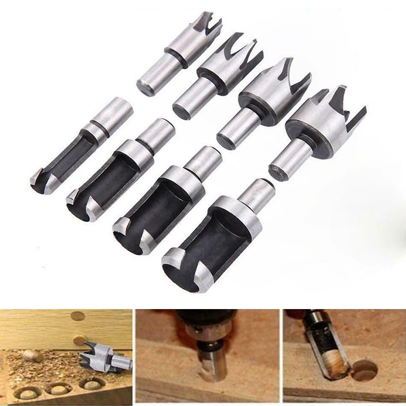 8Pcs Wood Plug Cutter Drill Cutting Tool Drill Bit Set Straight And Tapered Taper 5/8" 1/2" 3/8" 1/4" Woodworking Cork Drill Bit