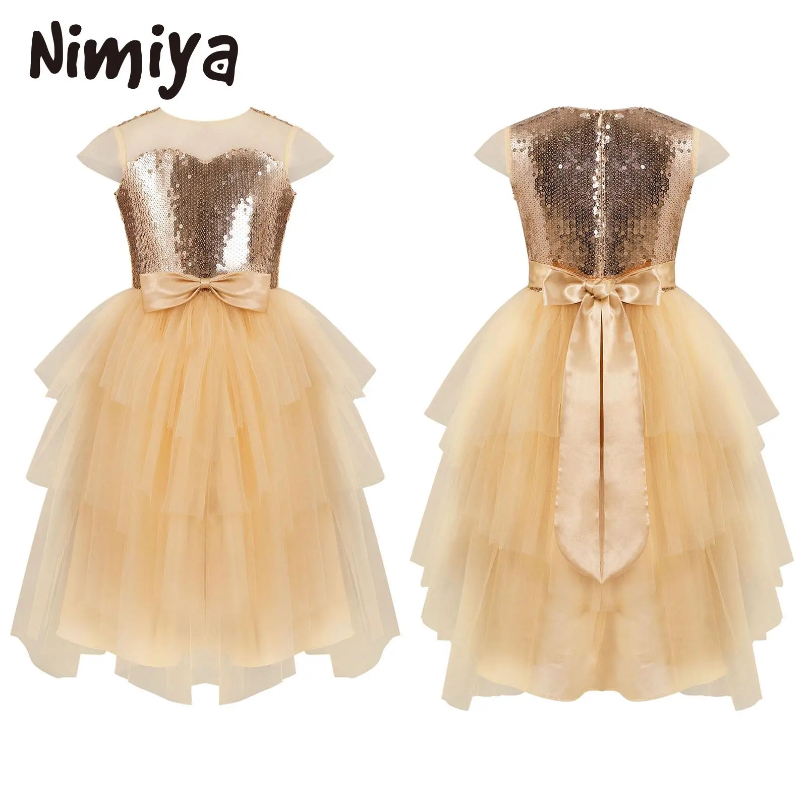 

Nimiya Kids Girls Shiny Sequin Multiple Tiered Tulle Champagne Party Dress Cap Sleeve Satin Bow and Sash Fluffy Daily Dancewear
