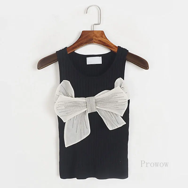 

Кружевной вязаный кроп-топ без рукавов с бантом, женский летний свитер 2023, рубашка, черная футболка, белые майки