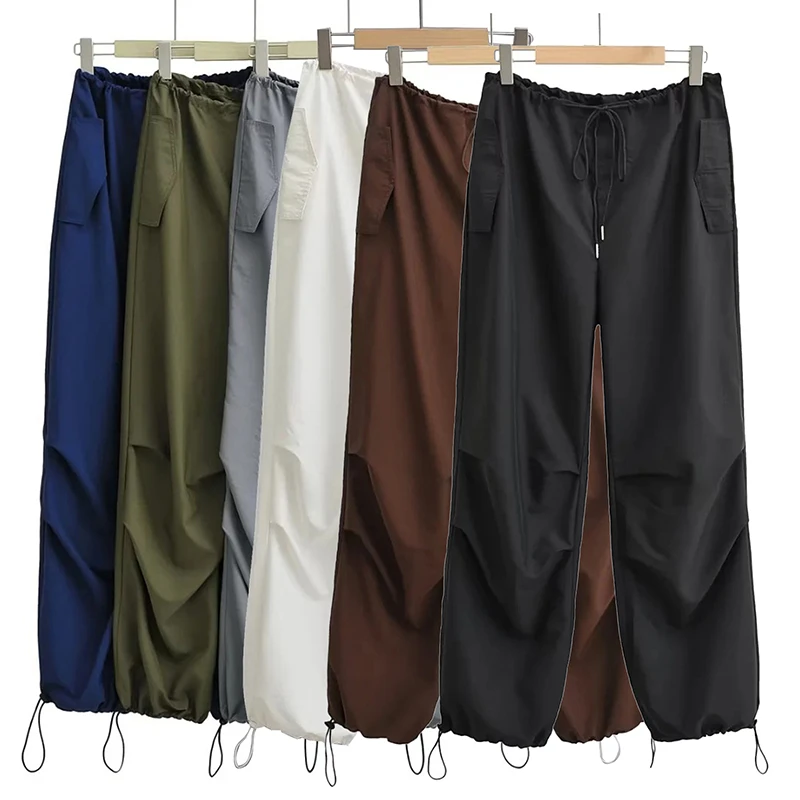 Women Casual Cargo Pants Solid Loose Drawstring Low Waist Streetwear Baggy Sweatpants Female Pleat Joggers Parachute Trousers