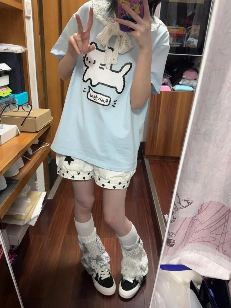 Фото Женские синие футболки HOUZHOU Harajuku Kawaii с принтом кошки, с коротким рукавом, оверсайз, в японском стиле, хлопковые футболки Juminocore №3