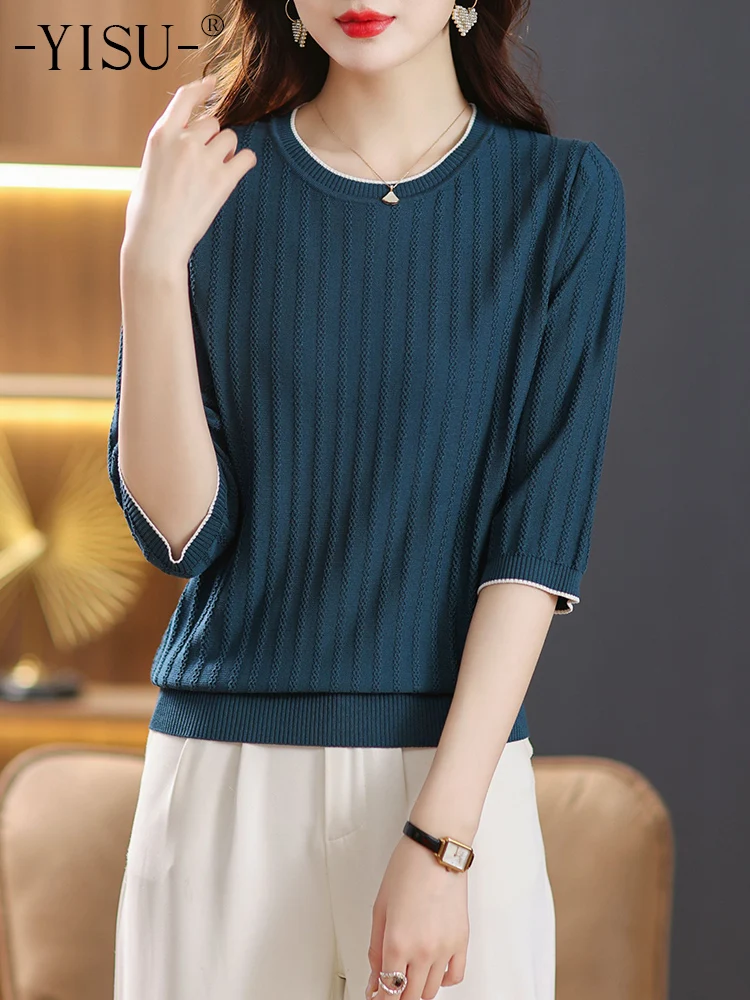 

Женская трикотажная футболка YISU, повседневный свободный джемпер с круглым вырезом и рукавами 2023, однотонный пуловер, весна-лето 4/3