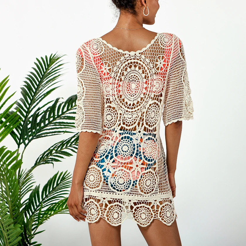 

Fashion Crochet Bikini Beach Cover Up Women Sexy V-neck Hollow Tunic Beach Dress 2022 Summer Girls Boho Bathing Suit Beachwear