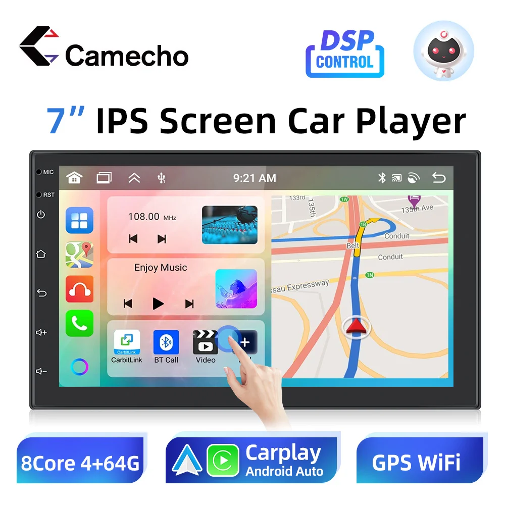 

Автомобильный радиоприемник Camecho, 2 Din, 7 дюймов, беспроводной автомобильный мультимедийный плеер Carplay, GPS-навигация, Bluetooth, Wi-Fi, задняя камера