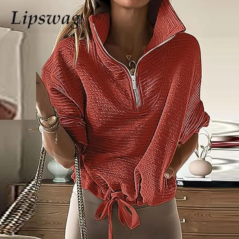 

2023 модный Свободный пуловер на молнии, свитер, Женская Повседневная теплая толстовка с длинным рукавом, Однотонный свитер с высоким воротником на осень и зиму