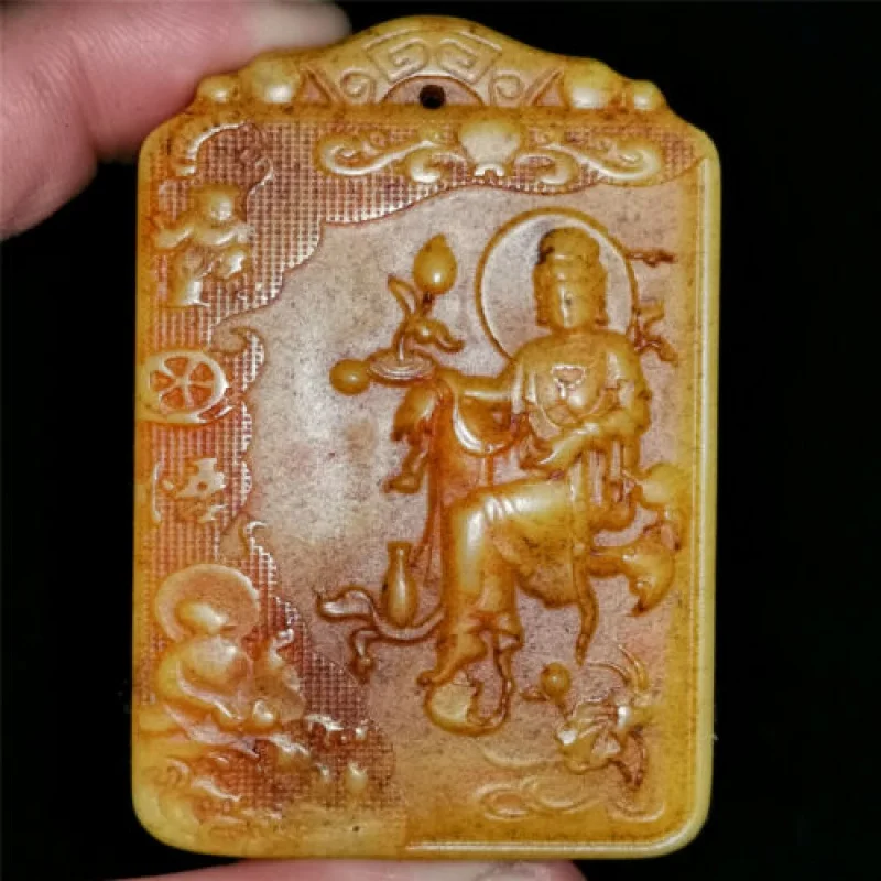 

Chinese Hetian Two-Sided Jade Hand Carved Pendant Necklace Bodhisattva