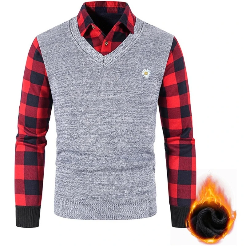 2023 Autumn and Winter Men's New Velvet Fake Two Piece Lined Sequoia Neck Sweater Youth Long Sleeve Printed Casual Bottom Shirt