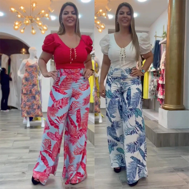 

Two Piece Set Women Wide Leg Pants Set Sexy Print Work Puff-Sleeve Crop Top Long Elegant Summer Work Sets High Streetwear Y2k