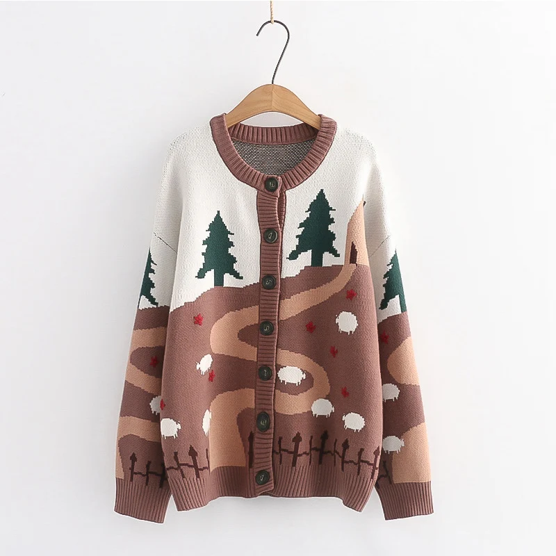 

Loose Autumn Winter Thick Knitting Sweater Women Casual Sweet Cartoon Printed Single-breasted Soft Warm Cardigan Coat U318