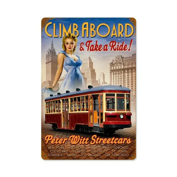

Retro Vintage Metal Tin Sign Railroad Pin Up Girl Streetcar Train Outdoor Yard Signs & Home Bar