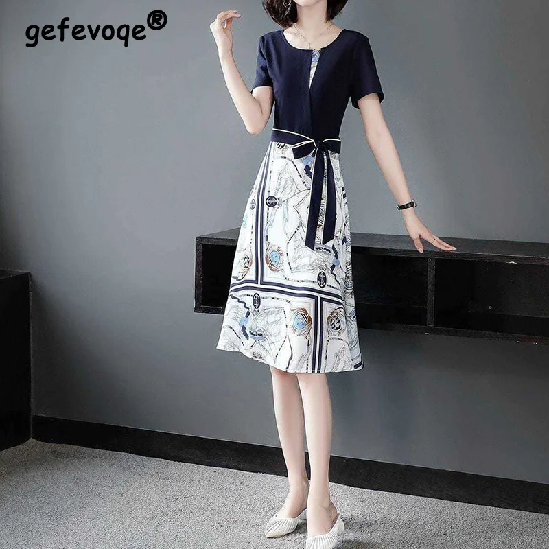 

Elegant Fashion Patchwork Bow Belt Dresses Spring Summer 2022 Short Sleeve Round Neck Loose Oversized Midi Dress Women's Clothes