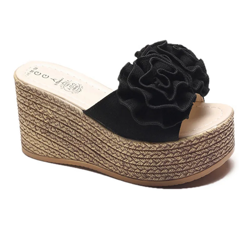 

ISSACOCO Women Summer Mid Heel Flower Slippers Women Non-slip Breathable Indoor Slippers Wedge Soles Flat Slippers Zapatillas