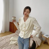 spring 2022 elegant women lace jacket fashion v neck button up long sleeve short blouse basic shirt womens top