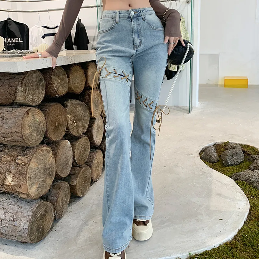 

2022 Spring New Bandage Jeans Women Straight Blue Flare Denim Pants Chic Ladies Floor-Length Jean Washed Trousers p457