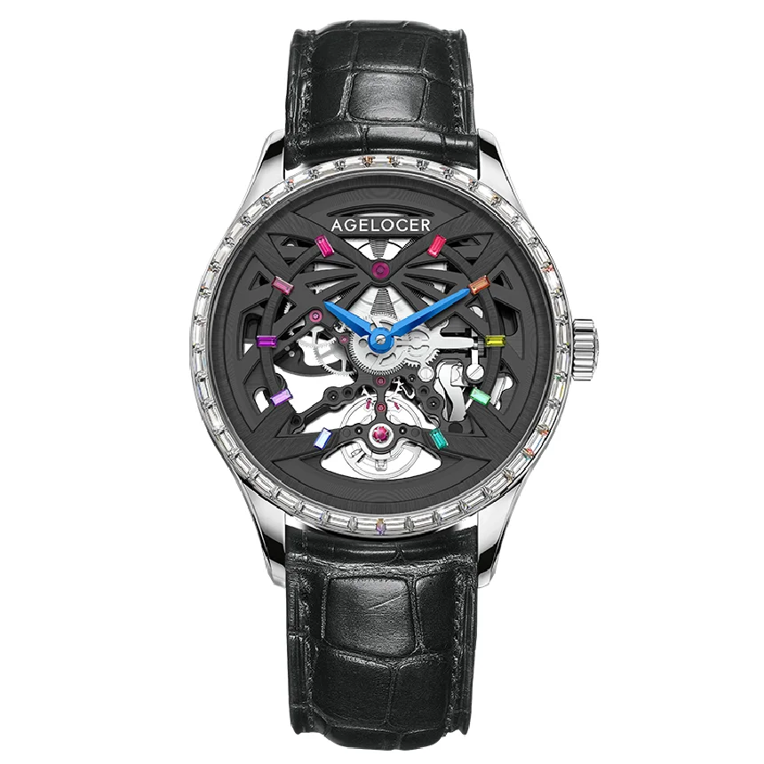 

AGELOCER Original Mechanical Men's Watches Skeleton Luxury Top Brand Men Automatic Clock Sapphire Diamond Black Mens Watch