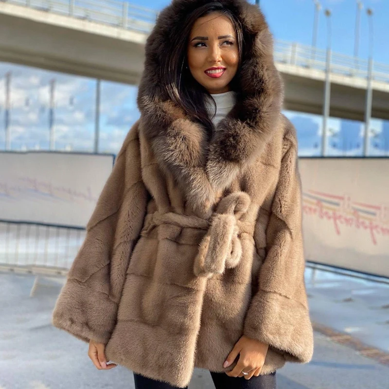 Fox Fur Hooded Patchwork Mink Jacket Women Winter New High Street Cozy Outertwear Lady Luxury Genuine Mink Fur Coat Femael