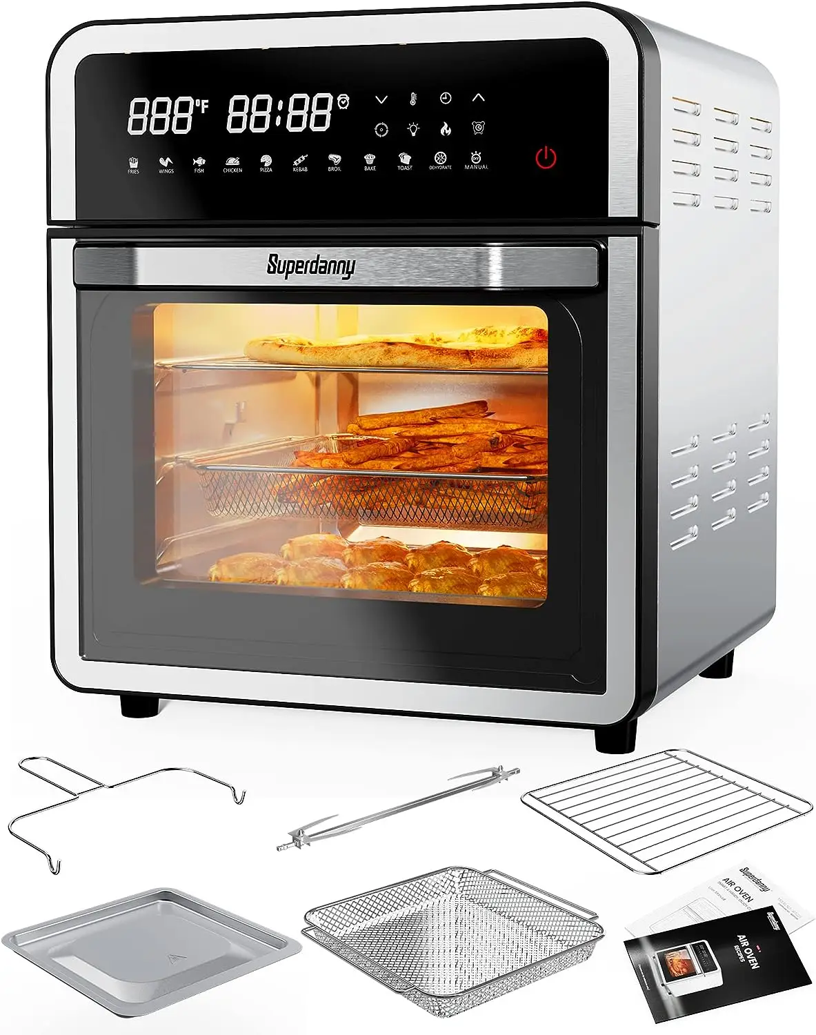 

Quart Air Fryer, Rotisserie and Convection Oven, Air Fry, Roast, Bake, Dehydrate and Warm, Stainless Steel and Black