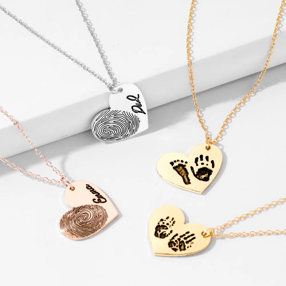 

Creative Heart Pendant Necklace Engraved Fingerprint Footprints Handwriting Jewelry Love Charm Jewelry On The Neck