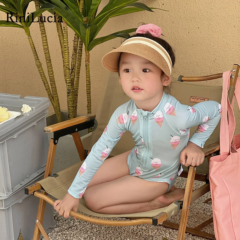 

RiniLucia Toddler Kids Baby Girls Swimwear Front Zipper Long Sleeve Print Summer Swimsuit Jumpsuits Bathing Swimming Suit