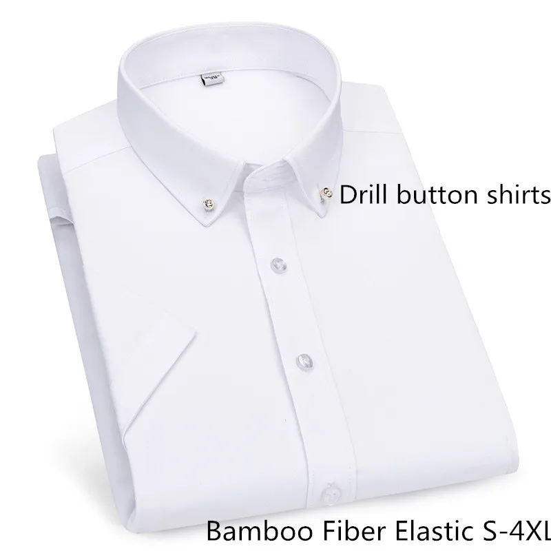 Rhinestone Shirt Bamboo Fiber Elastic Short Sleeve Shirt Men Summer Comfort Soft Work Easy Care White Shirt Man Casual Business