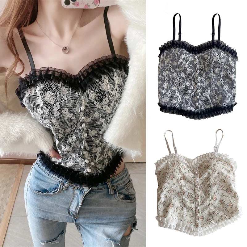 

Sexy Girls Camisole Women Vintage Summer Outerwear Floral Chic Girls Crop Top All-match Basic Ins Ladies Outerwear Street Style