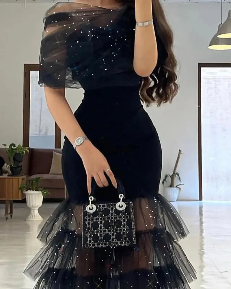 Sexy Summer 2022 Women Glitter Layered Sheer Mesh Skinny Glamorous Party Evening Dress Wedding Guests Prom Celebrity Dress