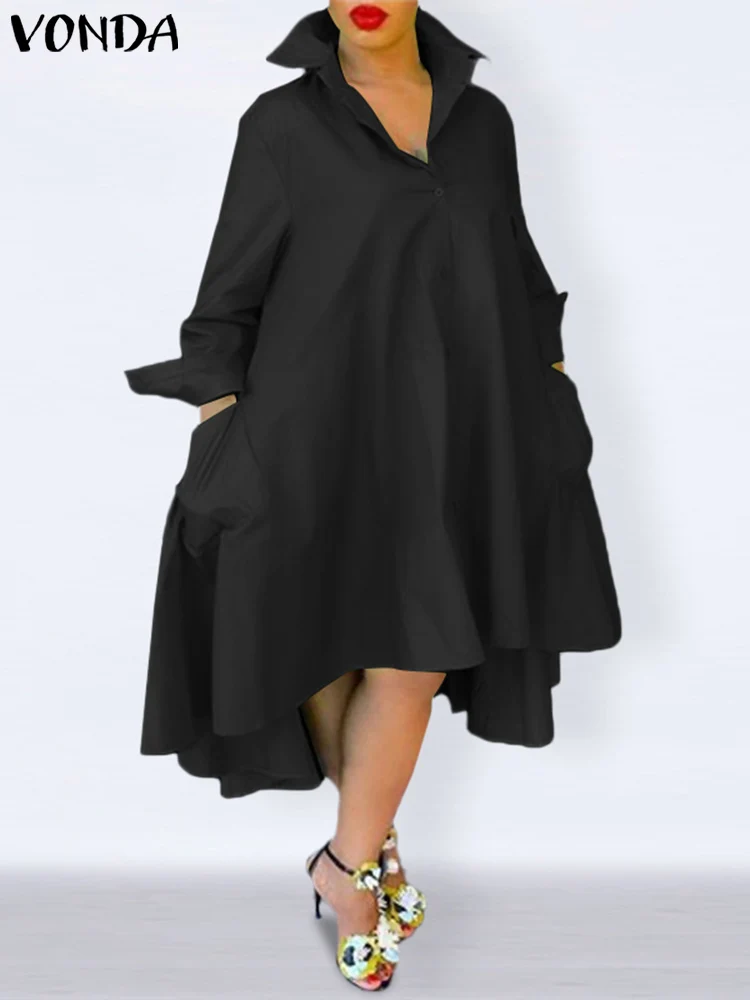 

VONDA 2023 Summer Elegant Midi Dress Women Long Sleeve Solid Color Loose Casual Long Shirt Sundress Button Up Party Robe Femme