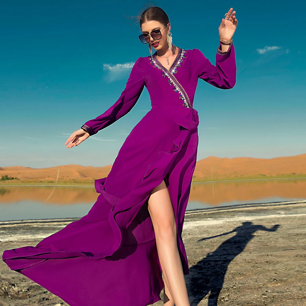 

New Rose Purple Ruffled Slant Seam Diamond Dress Dubai Middle East Muslim Women Long Maxi Dress Abaya Robe Clothing
