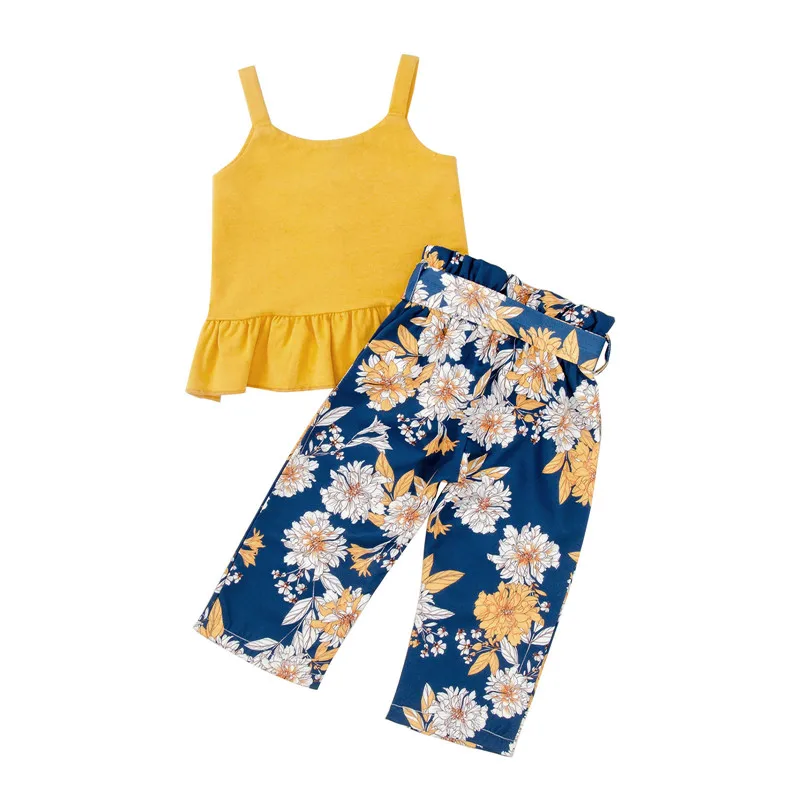 

Girl’s Summer Camisole Trousers Suit Sweet Solid Color Suspender Tops and Flower Bandage Long Pants