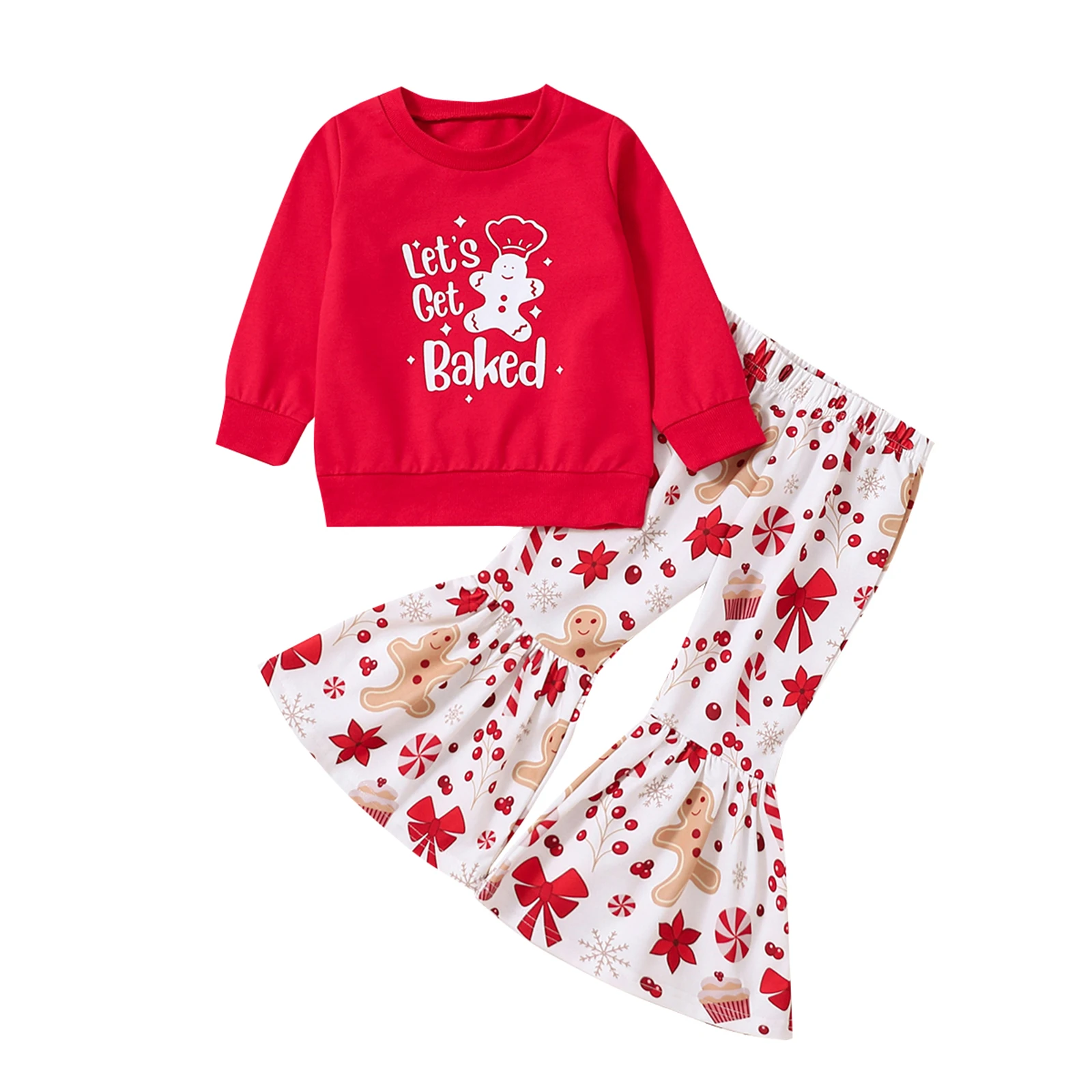 

TR New Autumn Christmas Kids Toddler Girls Outfit Sets Long Sleeve O Neck Pullover + Cartoon Print Flared Pants Xmas Clothes