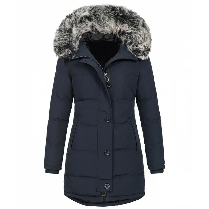 

Elegant Solid Color Casual Parkas Fur Women Autumn Winter Solid Color Zip Up Button Sweet Loose Fashion Long Coat Down 2022