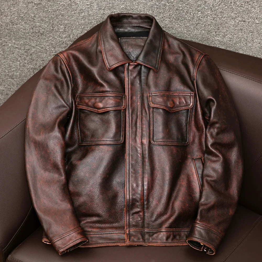 

Новинка, мужские красно-коричневые американские винтажные мотоциклетные куртки в стиле ретро, Байкерская мужская куртка из натуральной коровьей кожи, Осень-зима 6XL