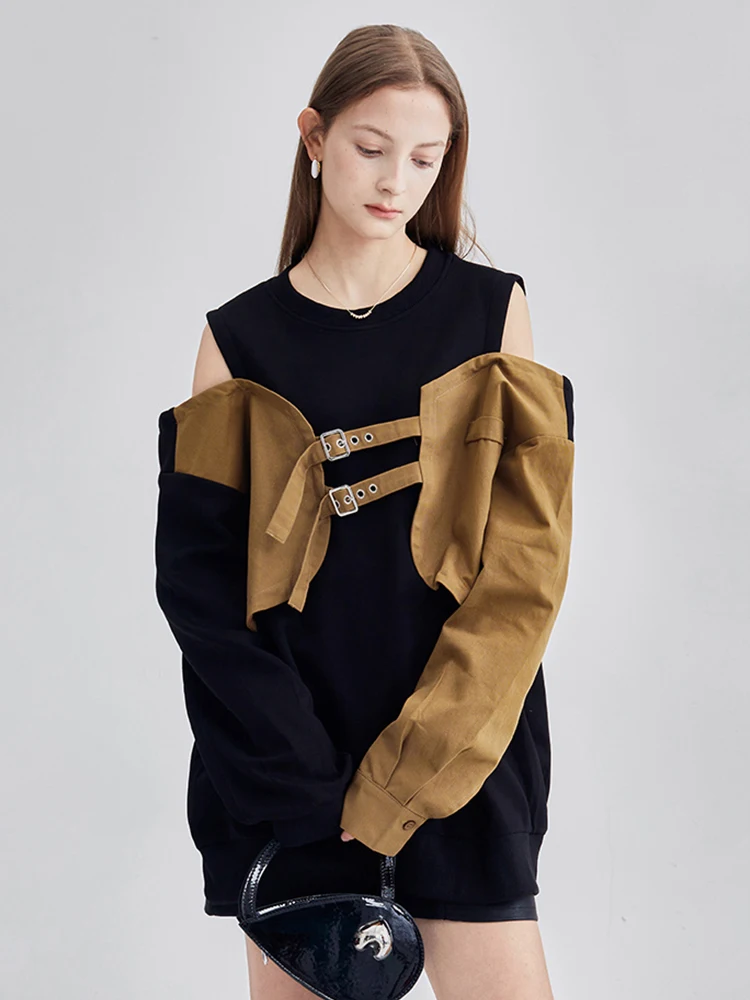 

Women Fashion High Street Frocks Long Sleeve O-Neck Off Shoulder Dress Mini Design Patchwork Streetwear Y2k Aesthetic Party Tide